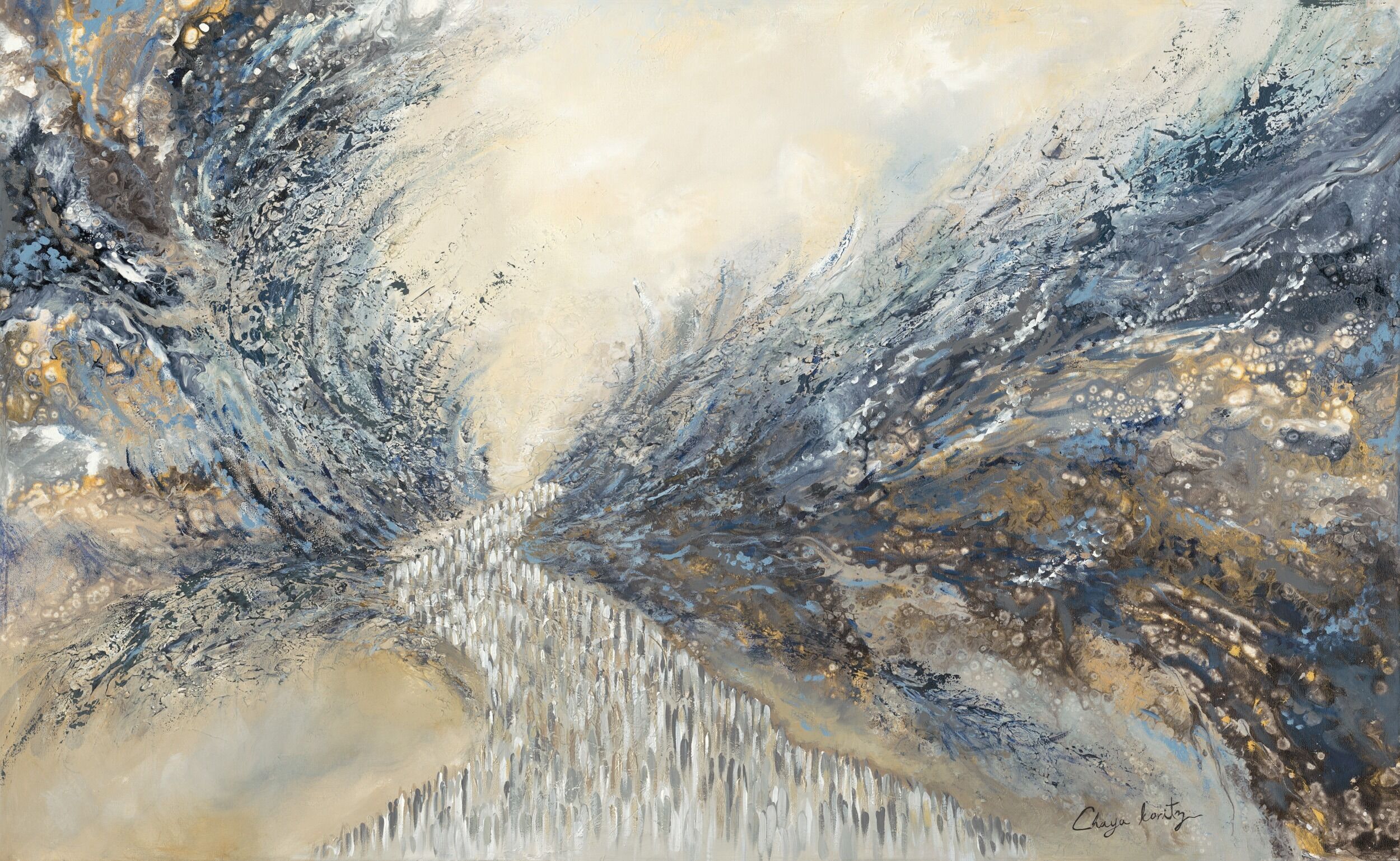 Dynamic painting of the parting of the Red Sea with swirling waters and Israelites rushing toward freedom.