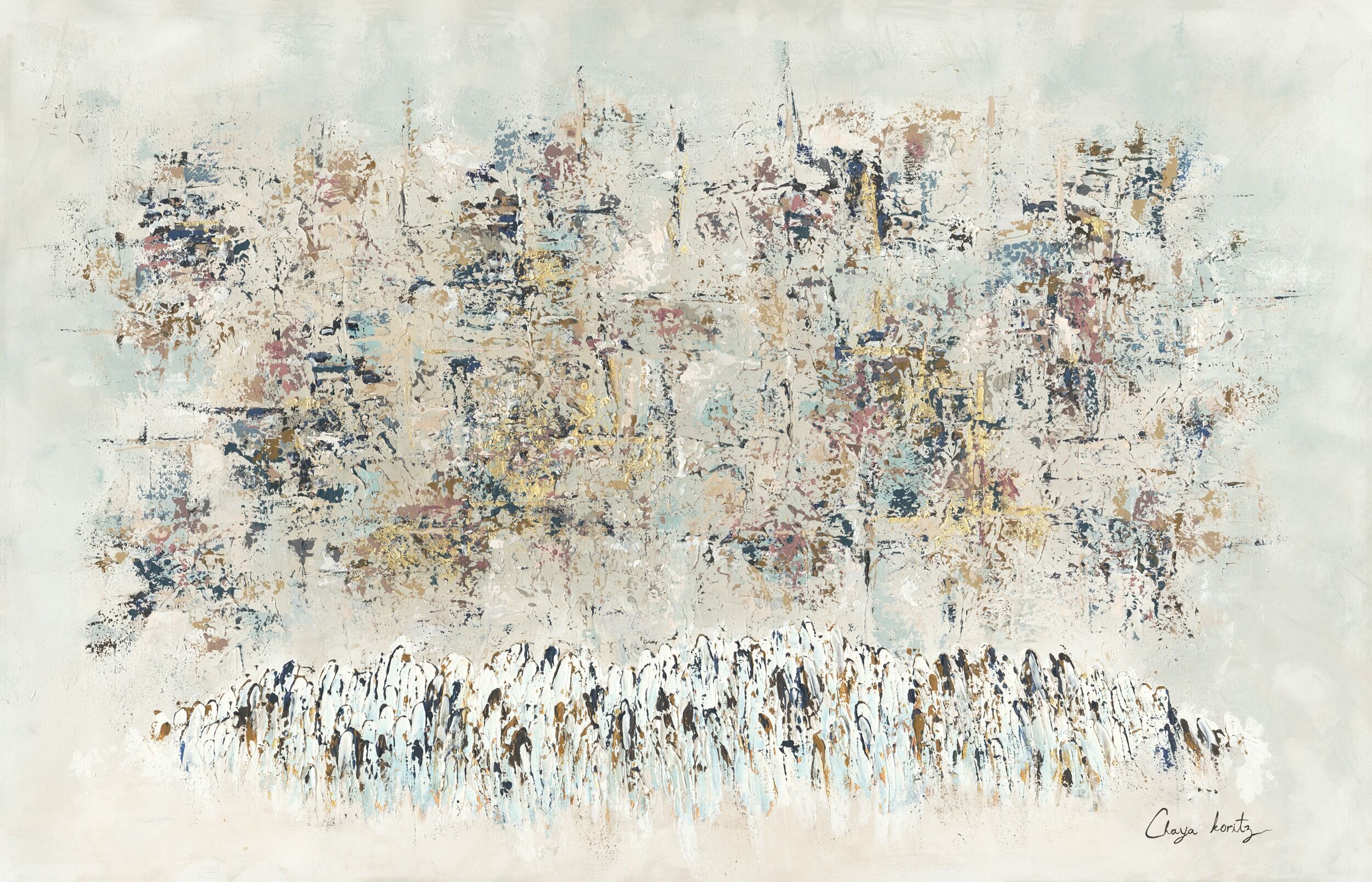 Painting of a group gathered at the Kotel with soft, pale hues and warm, filtered light symbolizing spiritual connection.