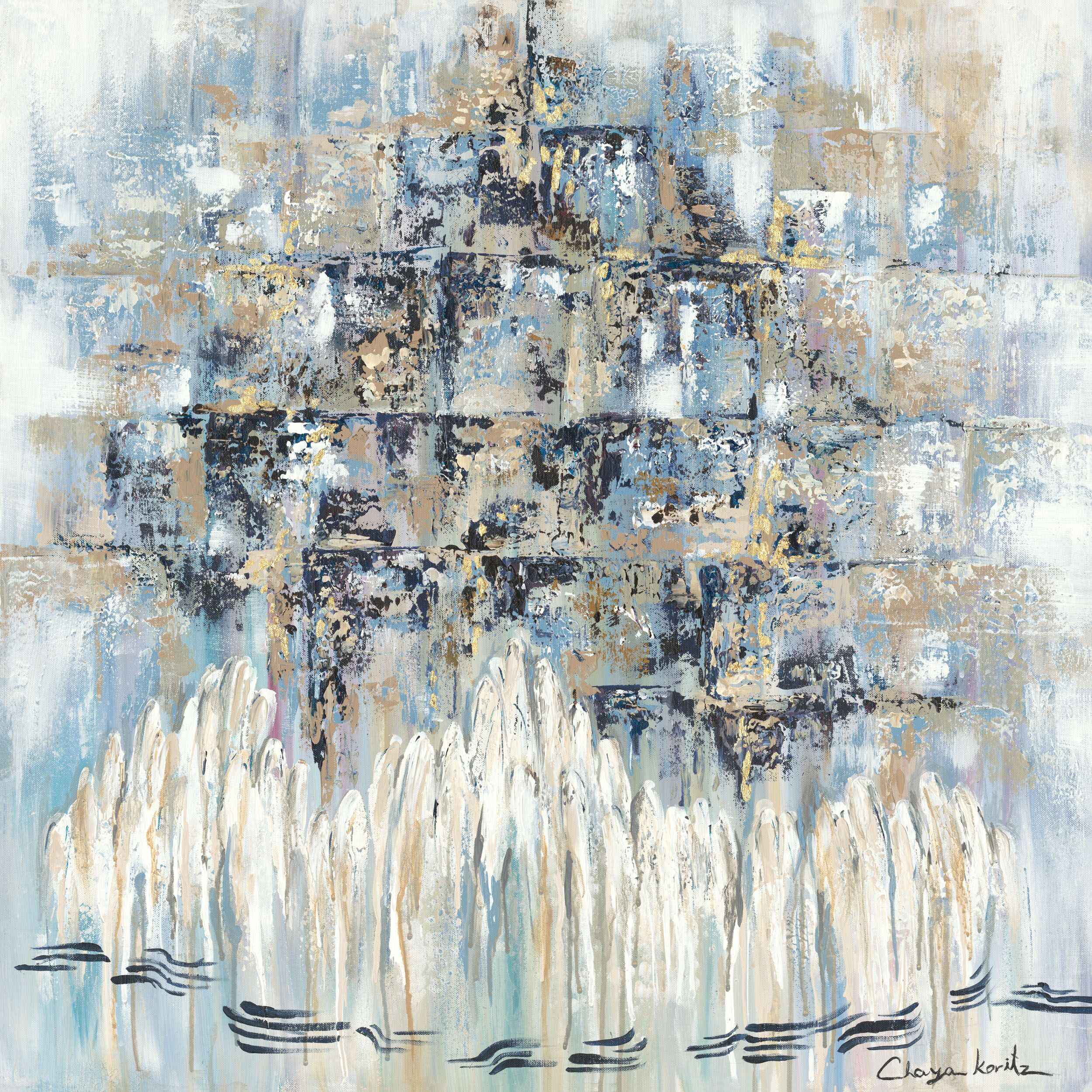 Painting of Hasidic men wrapped in tallit praying at the Kotel, featuring deep blues and glowing gold accents.