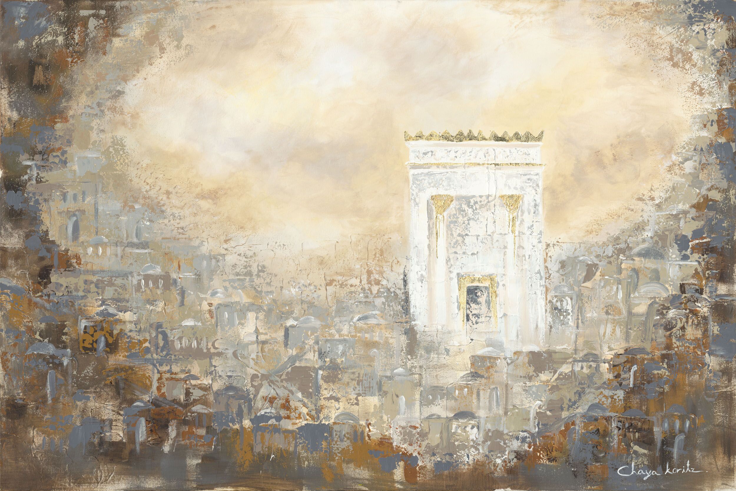 Painting of the Beit HaMikdash blending majestic architecture with ethereal spirit, capturing timeless hope and ancient prayers.