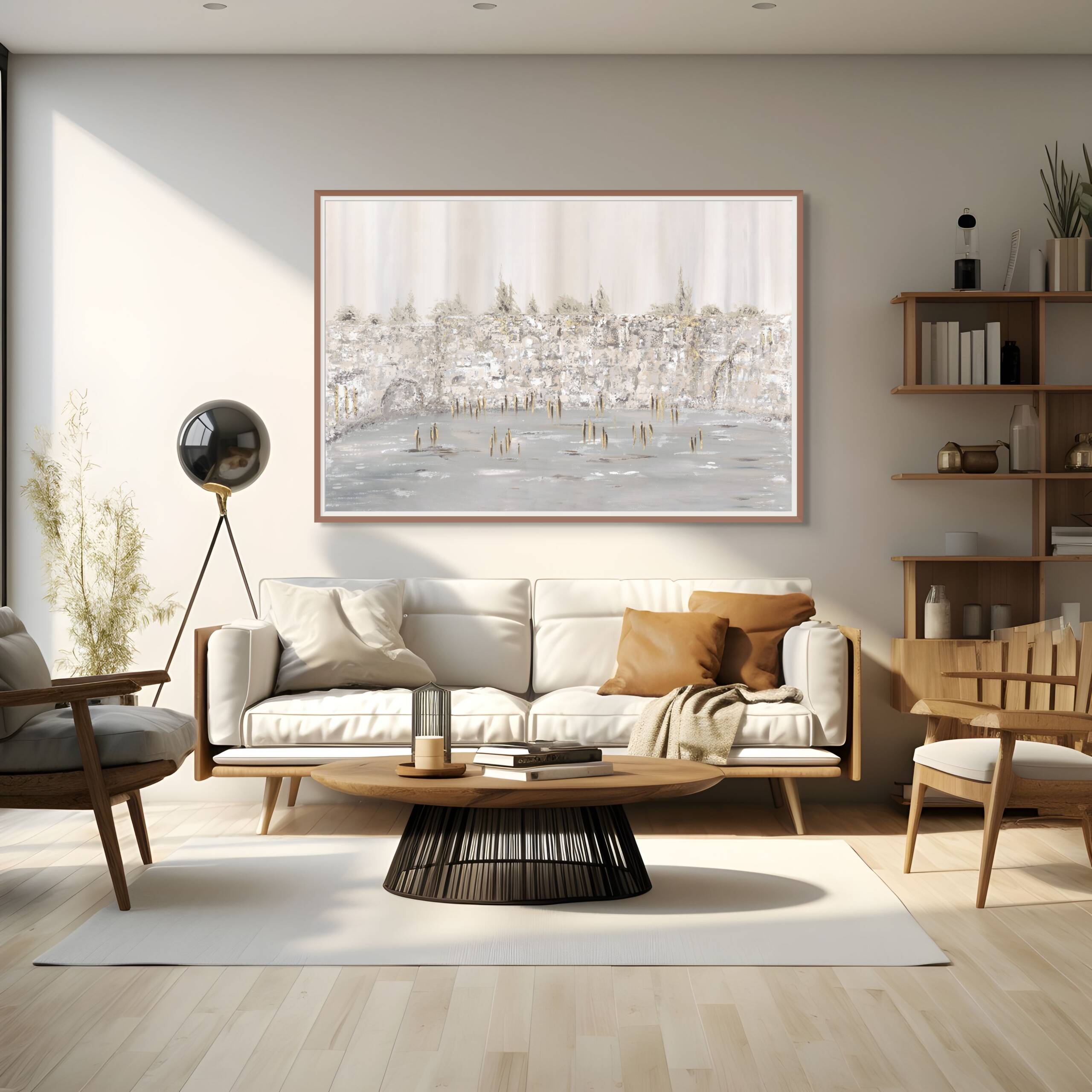 Mockup of "Sacred Stones, Modern Soul" painting hanging on a white wall in a modern living room with minimalist decor.