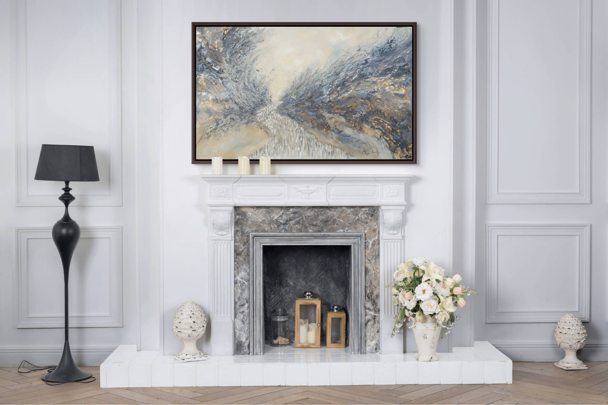 Mockup of "Freedom Awaits the Jewish People" painting hung above a fireplace in a modern living room with minimalist decor.