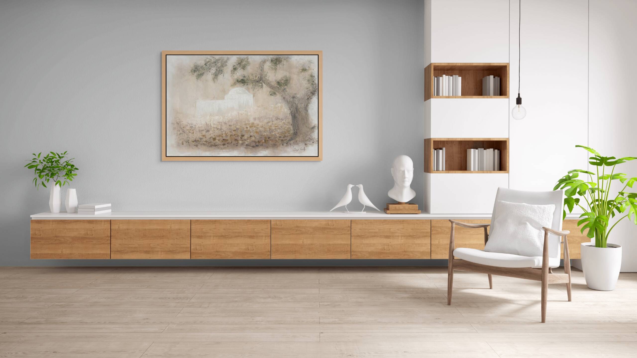 Mockup of "Kever Rachel: Where Prayers Rise" jewish painting hung above a sleek storage cabinet in a modern living room.