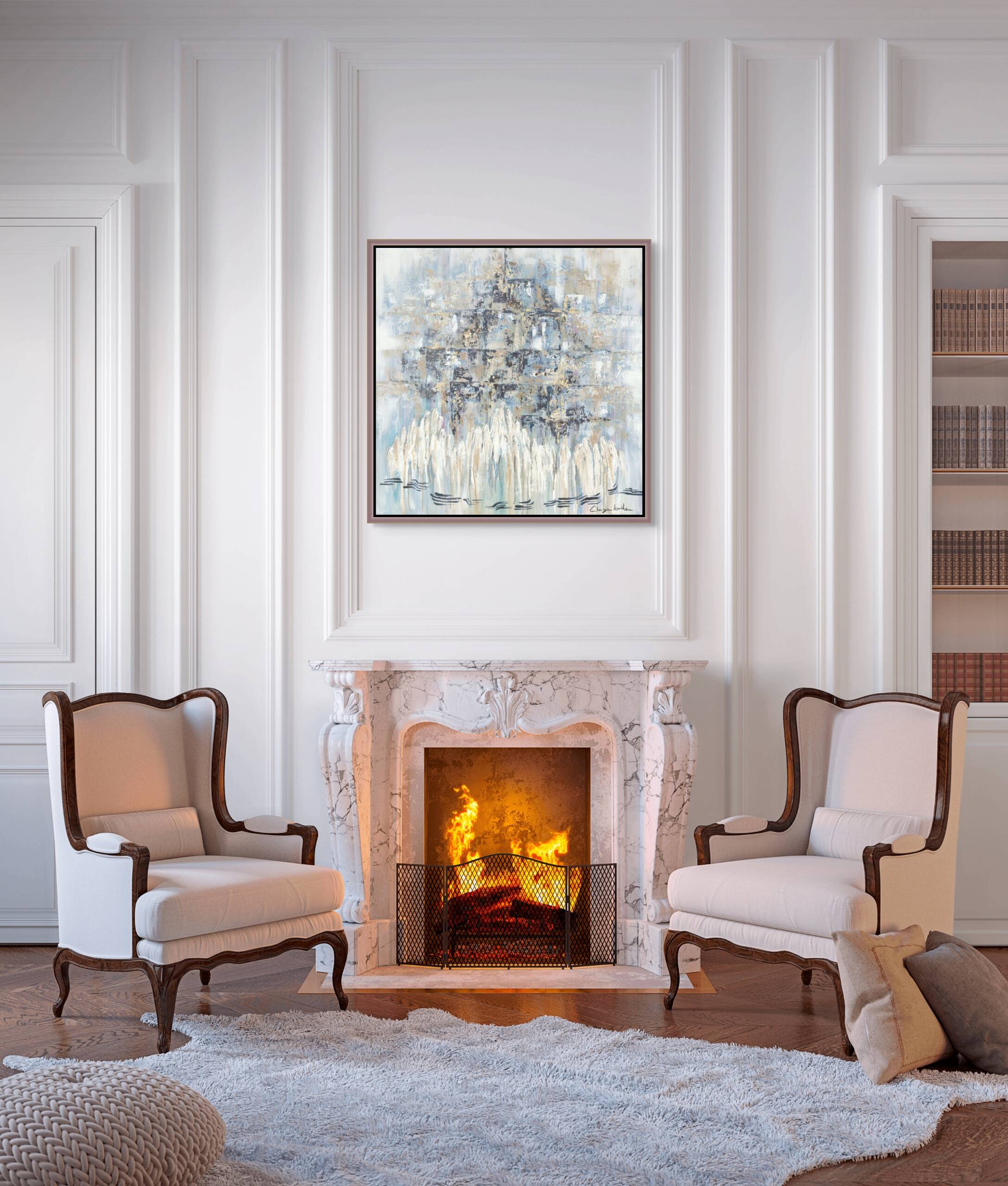 Mockup of "Wrapped in Faith, Bathed in Gold" painting hung above a real fireplace with a bookshelf to the right in a modern living room.