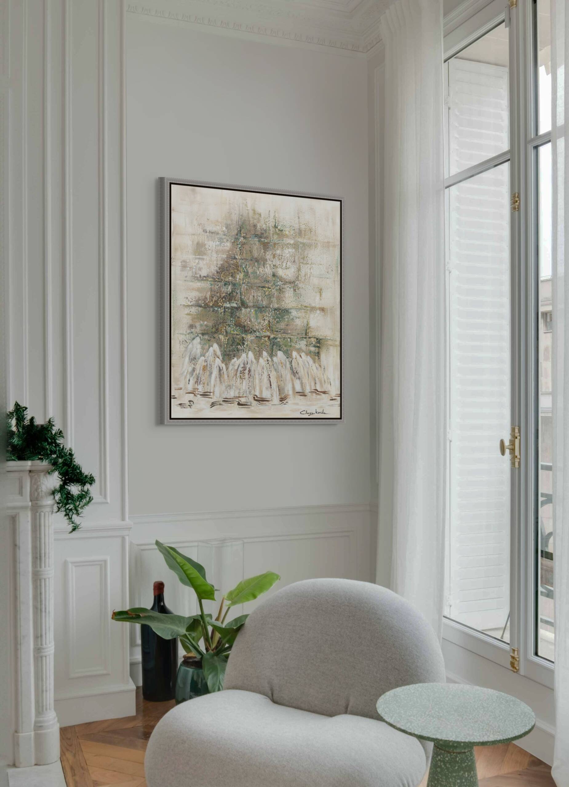 Mockup of "Threads of Time: Tallit and Tradition" painting hung above a modern chair next to a large window in a bright, minimalist room.