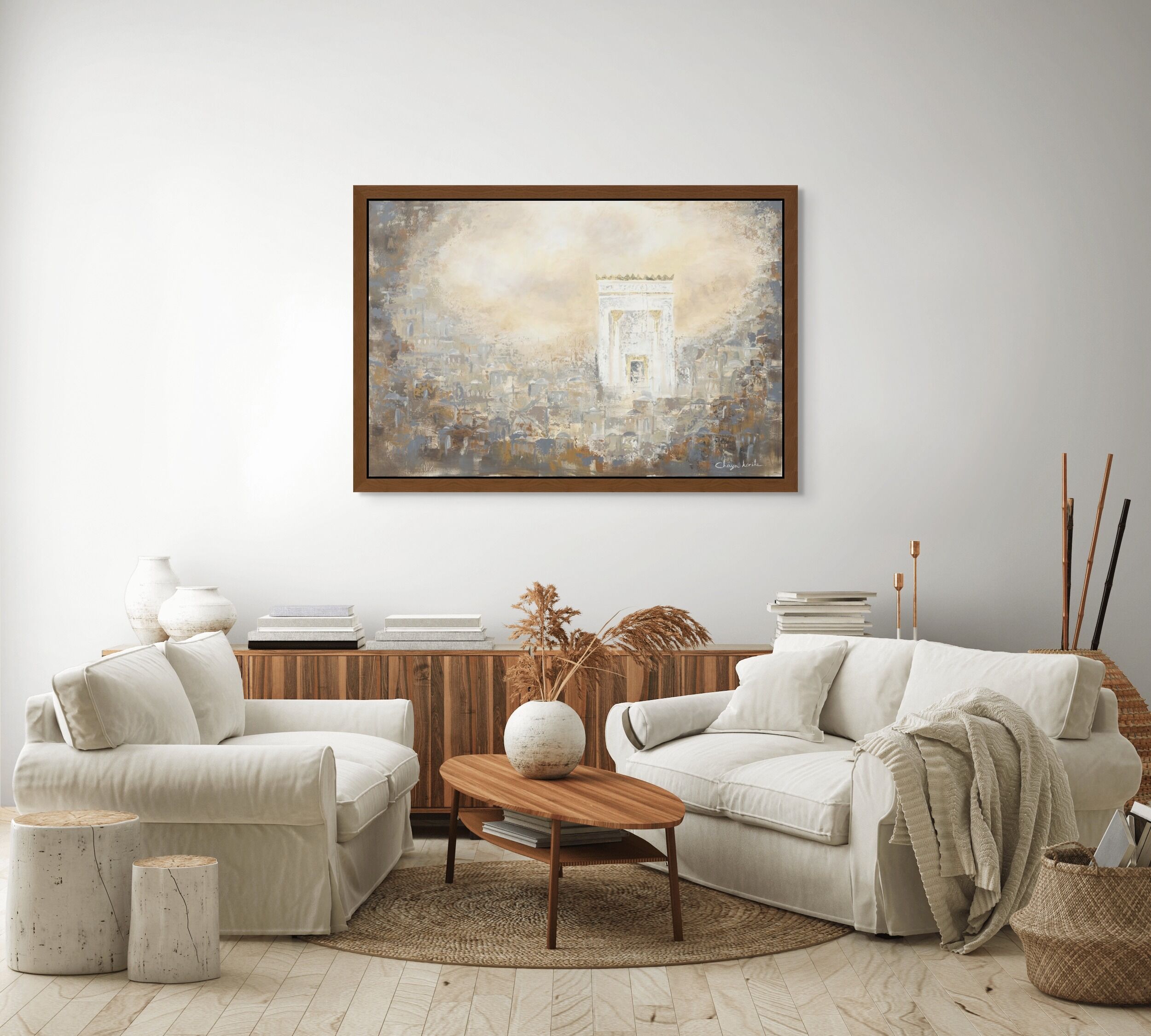 Mockup of "Where Time Stands Still: A Vision of the Beit HaMikdash" painting hung above a modern 2 + 1 white seater sofa next to a large window in a bright, minimalist living room.