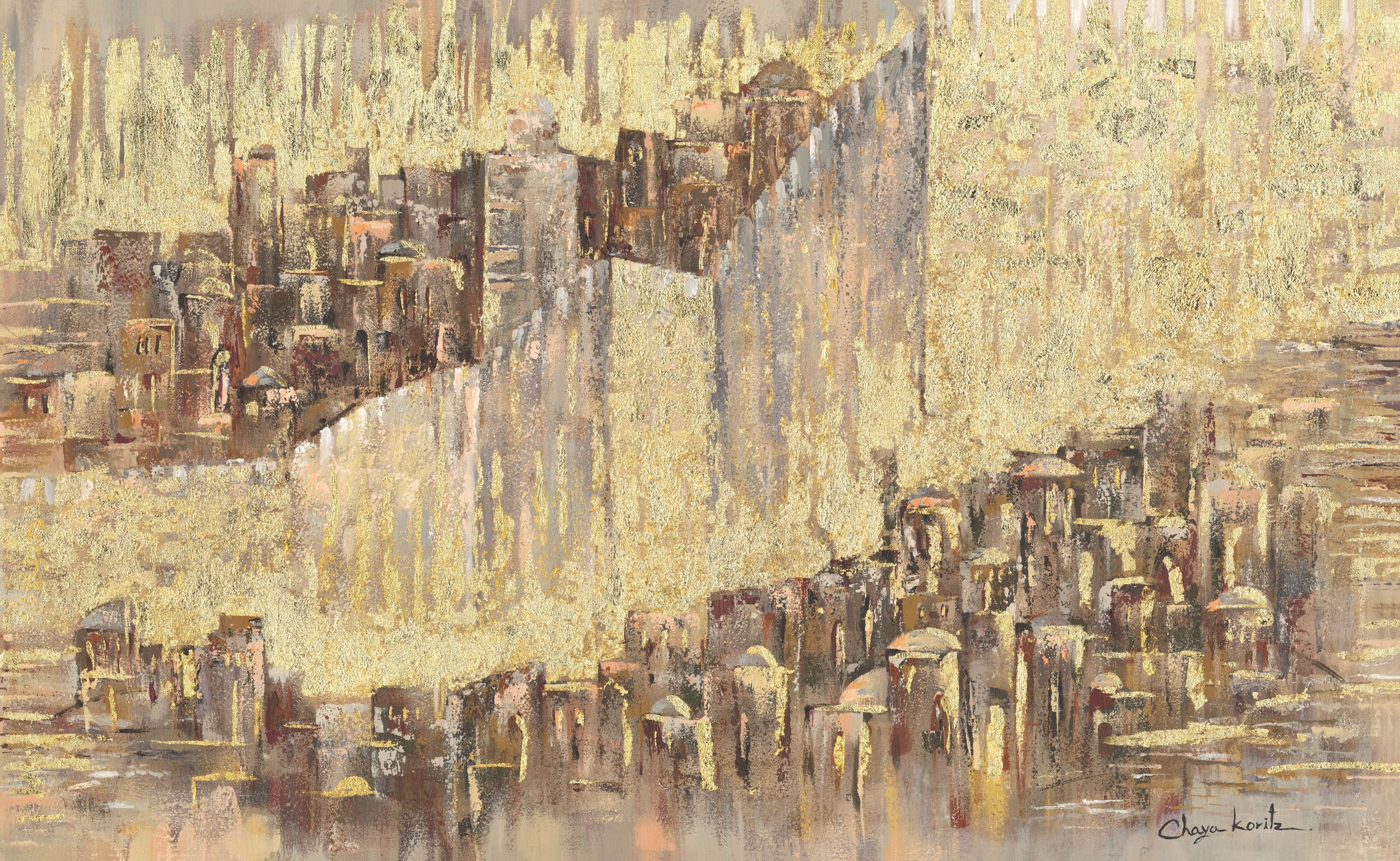 Painting of Jerusalem with gold leaf highlighting ancient walls and sacred light.