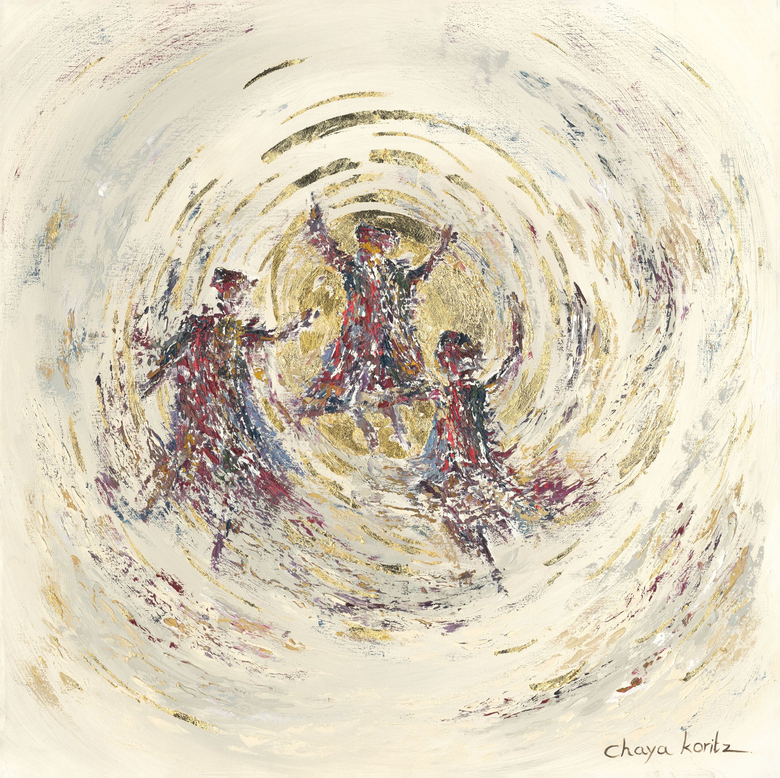 Framed painting of three Hasidic men dancing in a gold circle, displayed in a modern room with minimalist décor.