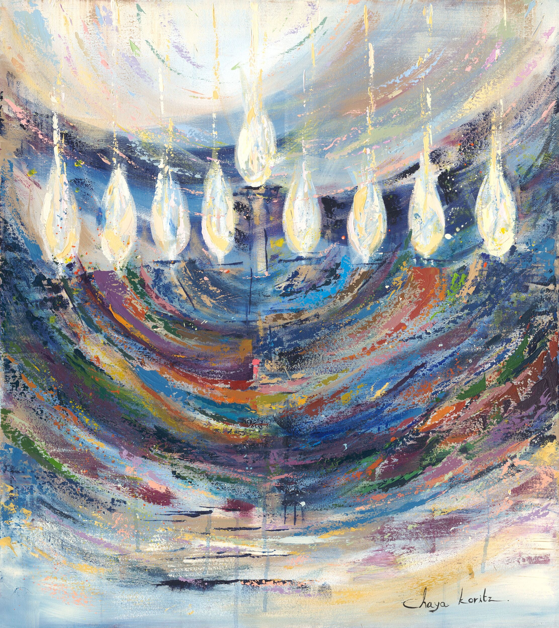 Painting of a menorah with dynamic brushstrokes in soft neutrals, deep blues, and reds, symbolizing hope and resilience.