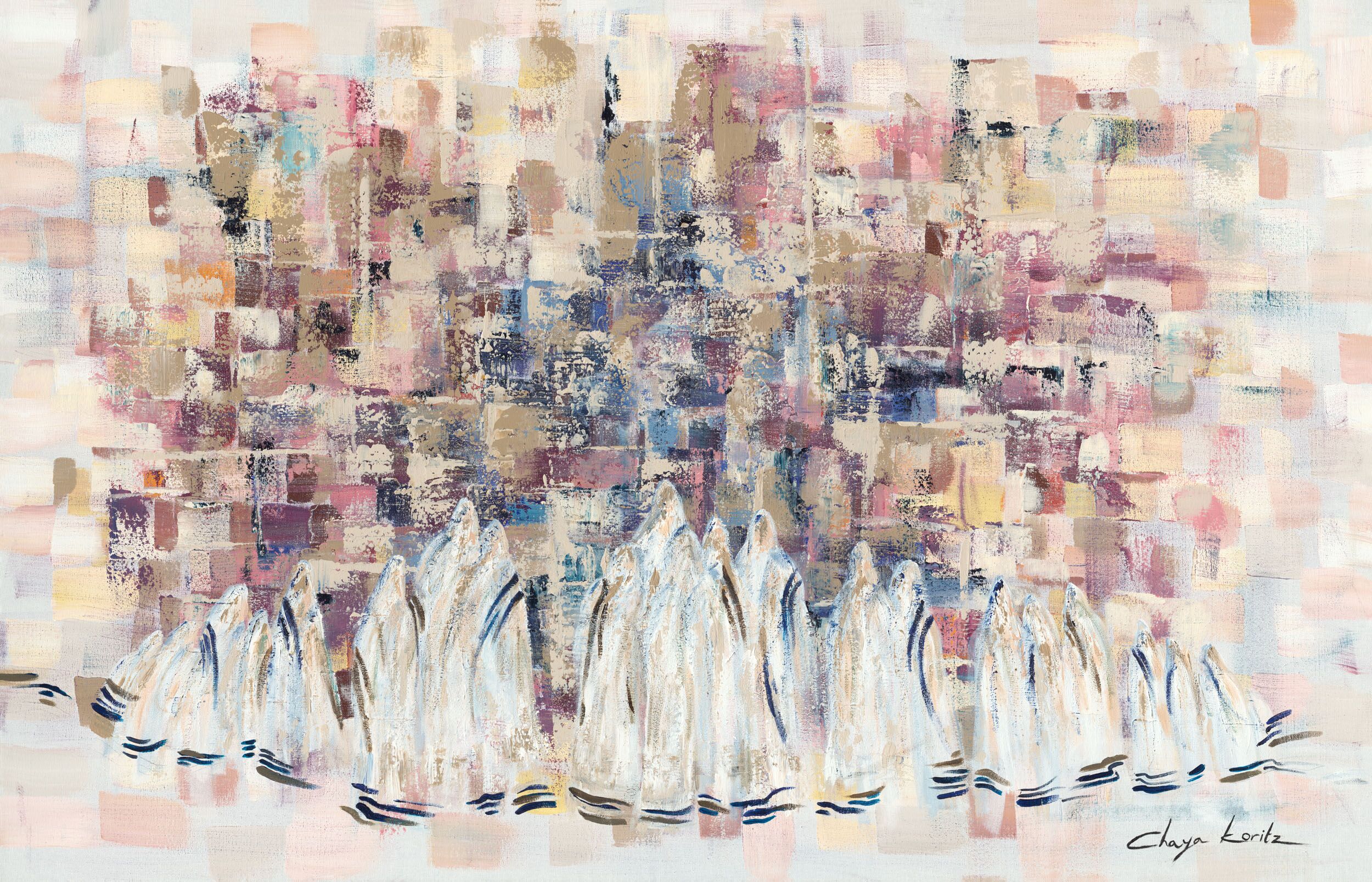 Painting of a group of Chassidim in deep prayer at the Kotel, blending traditional reverence with modern, vibrant colors and composition.