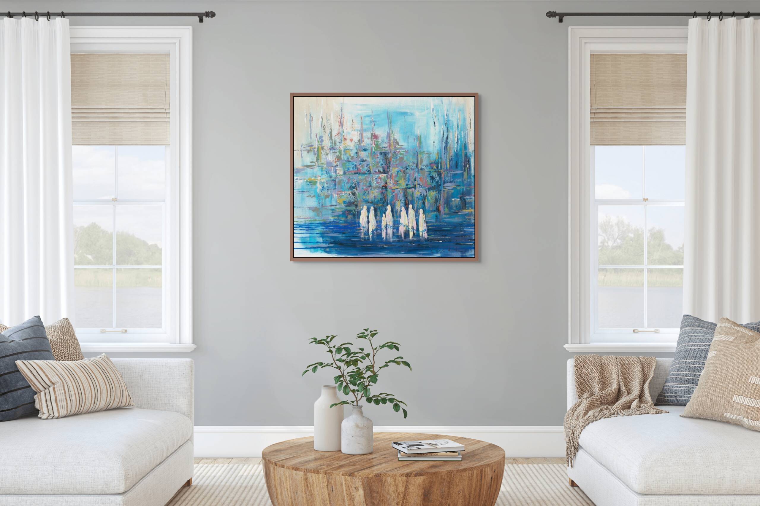 Painting of Jewish people praying at the Western Wall in calming blue tones, symbolizing unity and peace.
